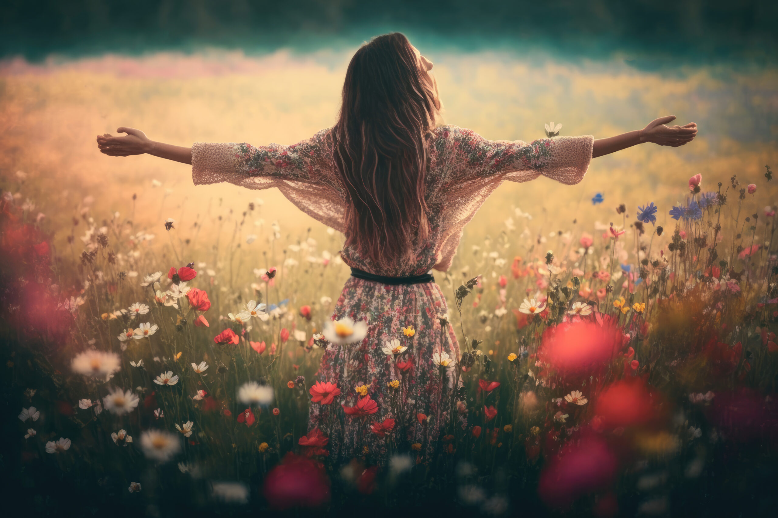 A Young Pretty Woman With Long Brown Hair Is Standing In A Field Of Flowers And Stretching Out Her Arms. Generative Ai